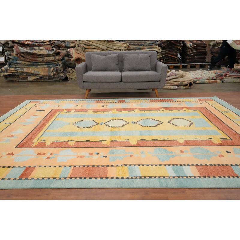 Hand Knotted Oriental 100% Wool Carpet Modern Geometric Oranges & Rust Gabbeh Area Rug - 11' 8'' X 9' 0''