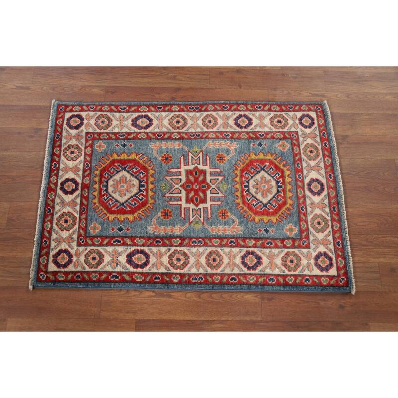Hand Knotted Oriental 100% Wool Carpet Traditional Geometric Navy Blue & Blues Kazak Area Rug - 3' 0'' X 2' 0''