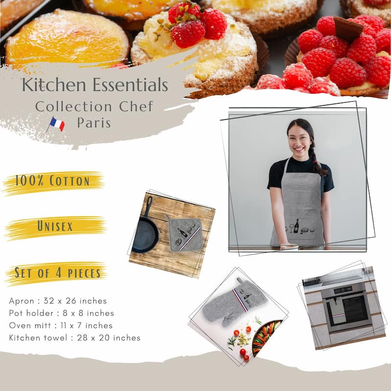 4 Piece French Gourmet Kitchen Set Gray Apron Oven Mitt Towel and Pot Holder - Set of 4
