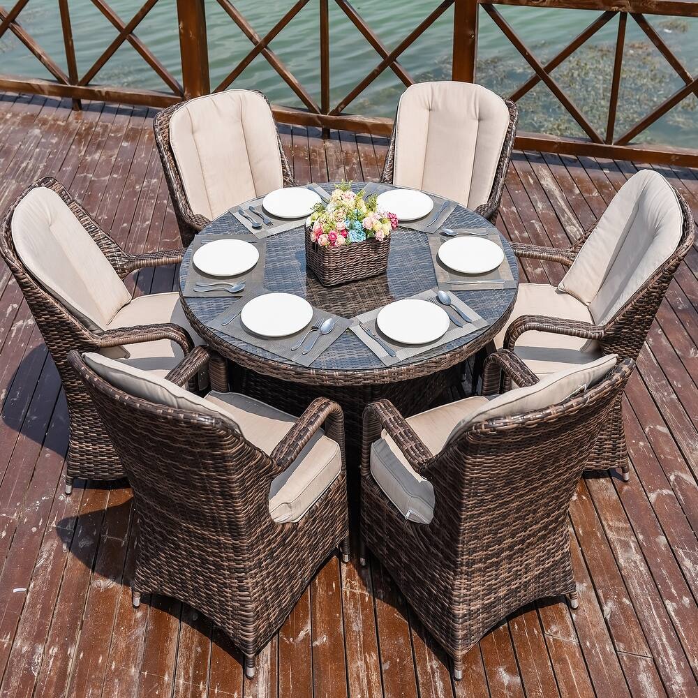Abrihome 7-piece Outdoor Wicker Dining Table Set with 6 Eton Chairs