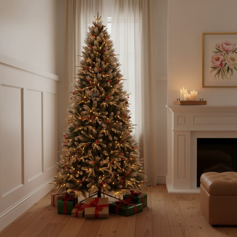 HomeRoots 7' Pre Lit Full Fir Christmas Tree With Decorations - Green/White - 48.00 in. x 84.00 in. x 48.00 in. - Green/White - 7 Foot