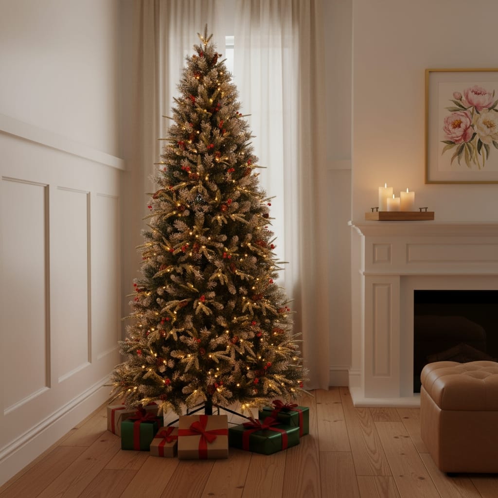 HomeRoots 7' Pre Lit Full Fir Christmas Tree With Decorations - Green/White - 48.00 in. x 84.00 in. x 48.00 in.