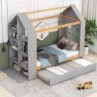 Twin/Full Size House Bed with 2 Storage Drawers, Wooden Kids Bed Frame with  Storage Shelf, Montessori Bed with Roof Design - On Sale - Bed Bath &  Beyond - 38441287