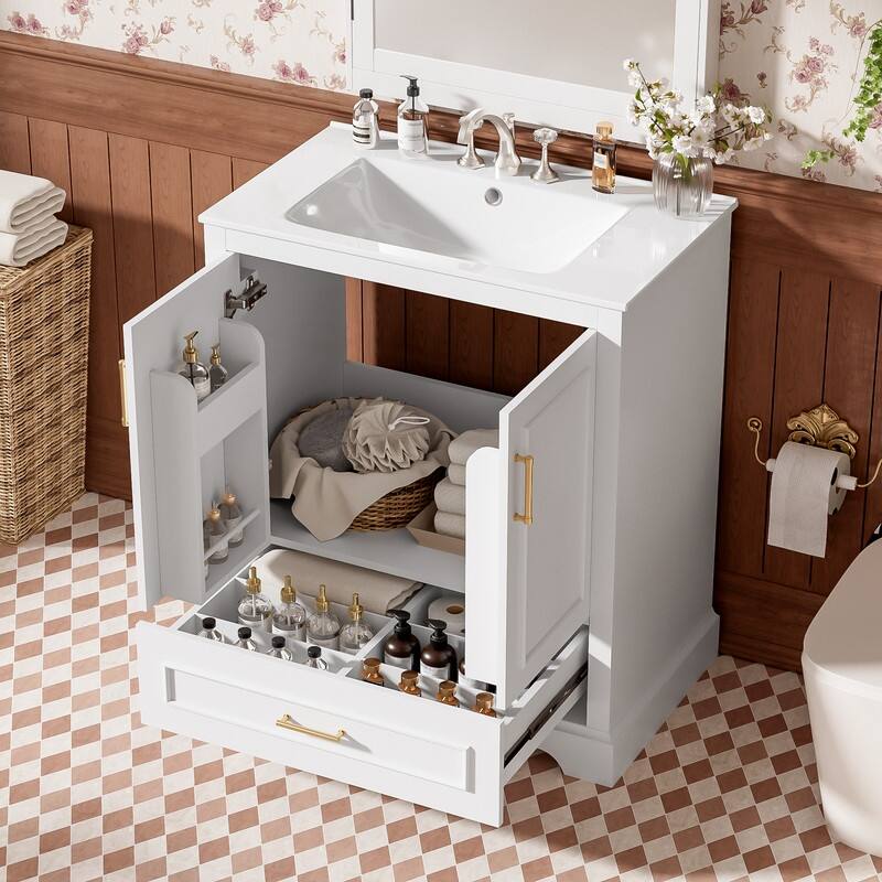 30" Bathroom Vanity with Sink, 1 Divider Drawer and 2 Soft-close Doors