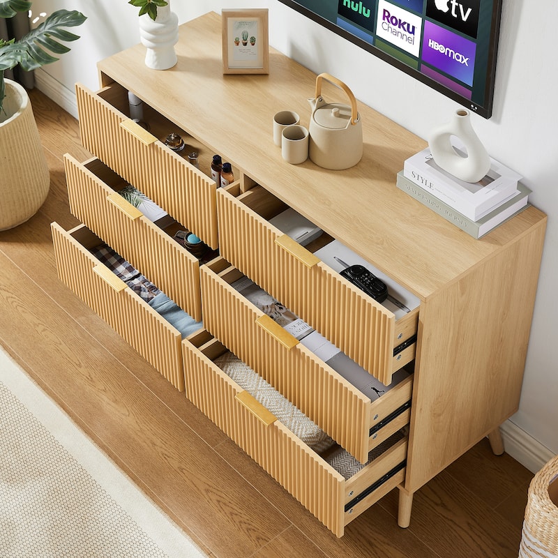 Bedroom Dresser, 6 Double Dressers with Wavy Drawers, Wooden Chest of Drawers,Natural, 47.2''W x 15.8''D x 31.7''H