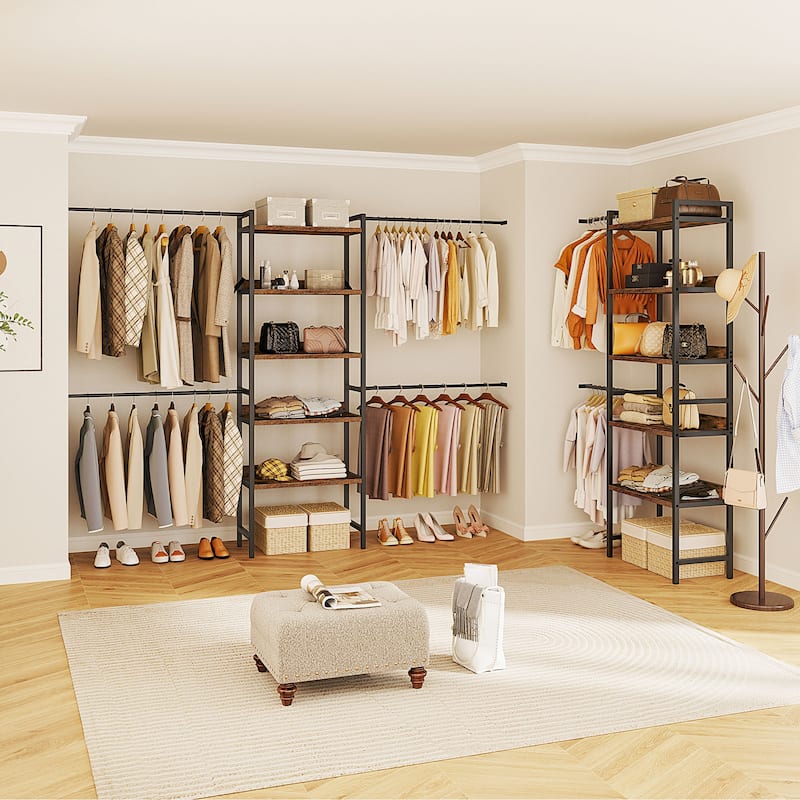 Adjustable Closet Organizer System with 4 Hanger Rods and 5-Tier Shelves for 6-9 Ft Space