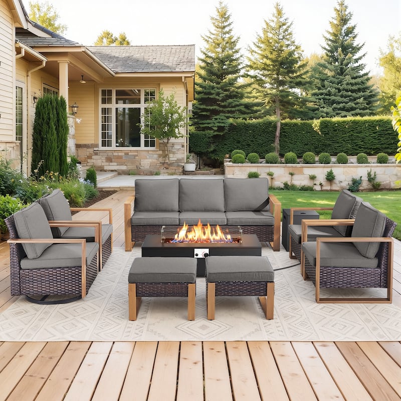 Meyreso Wicker Outdoor Patio Fire Pit Set with Swivel Gliders and 4.5-Inch Olefin Cushions