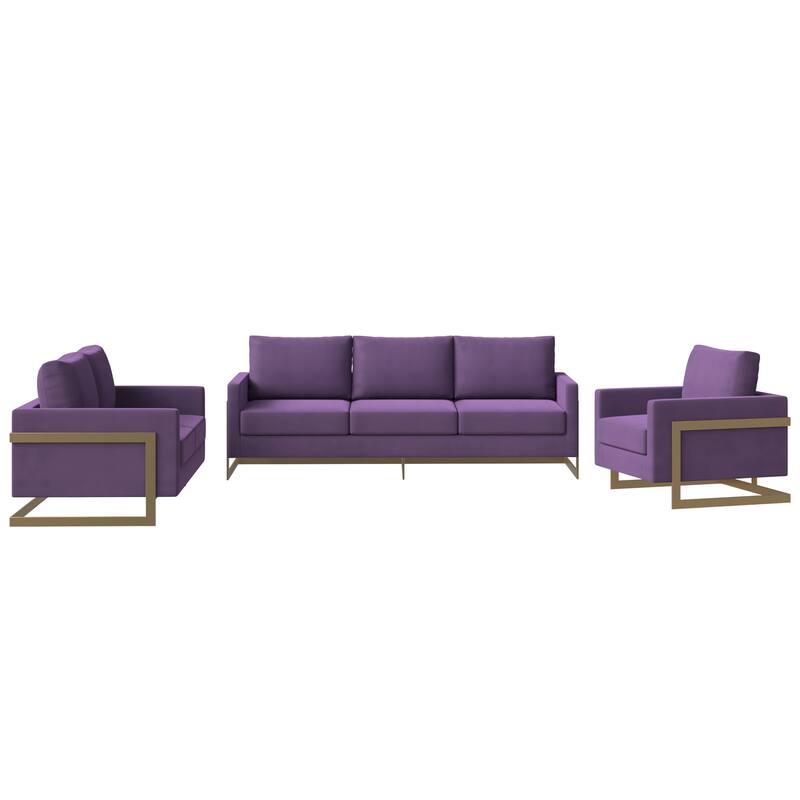 3-Piece Velvet Sofa Set with Gold Stainless Steel Base and Removable Cushions