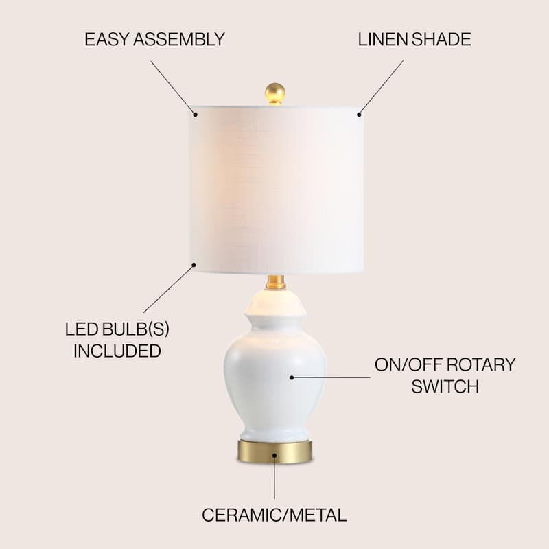 Perry 20" Ceramic/Metal LED Table Lamp, White/Brass Gold by JONATHAN Y