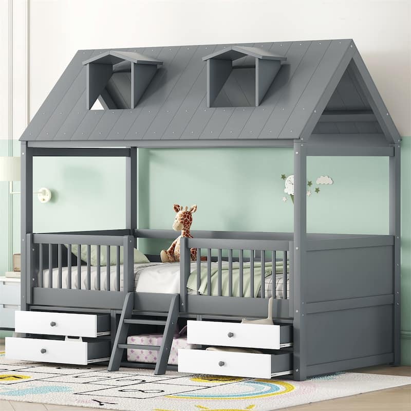 Merax House Bed with Roof and 4 drawers