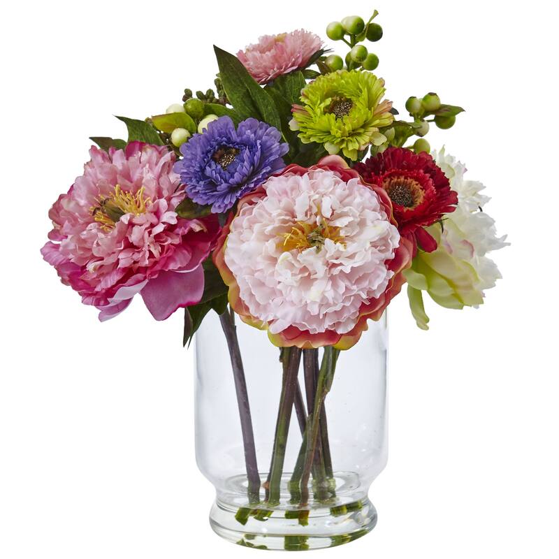 10.5" Peony and Mum Artificial Floral Arrangement with Glass Vase - Multi