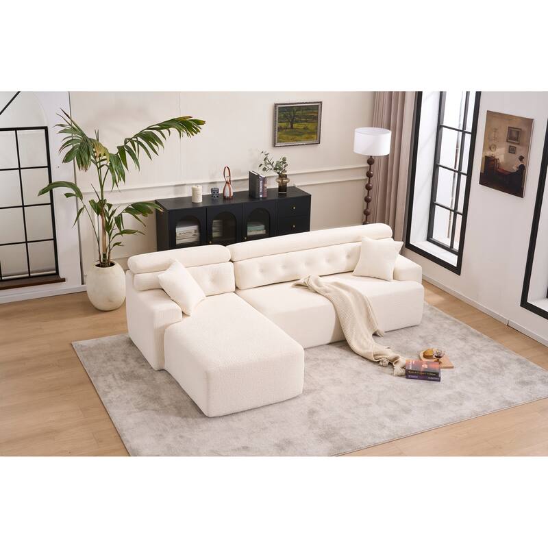 Combining Chaise Longue With 3-Seater, Wood Grain Chenille Fabric, Full Sponge Compression Sofa,Combined Sofa With 2 Pillows