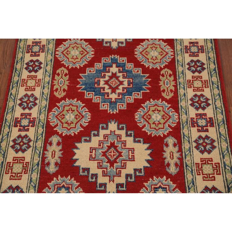 Red Geometric Kazak Foyer Rug Handmade Wool Carpet - 2'8" x 4'3"