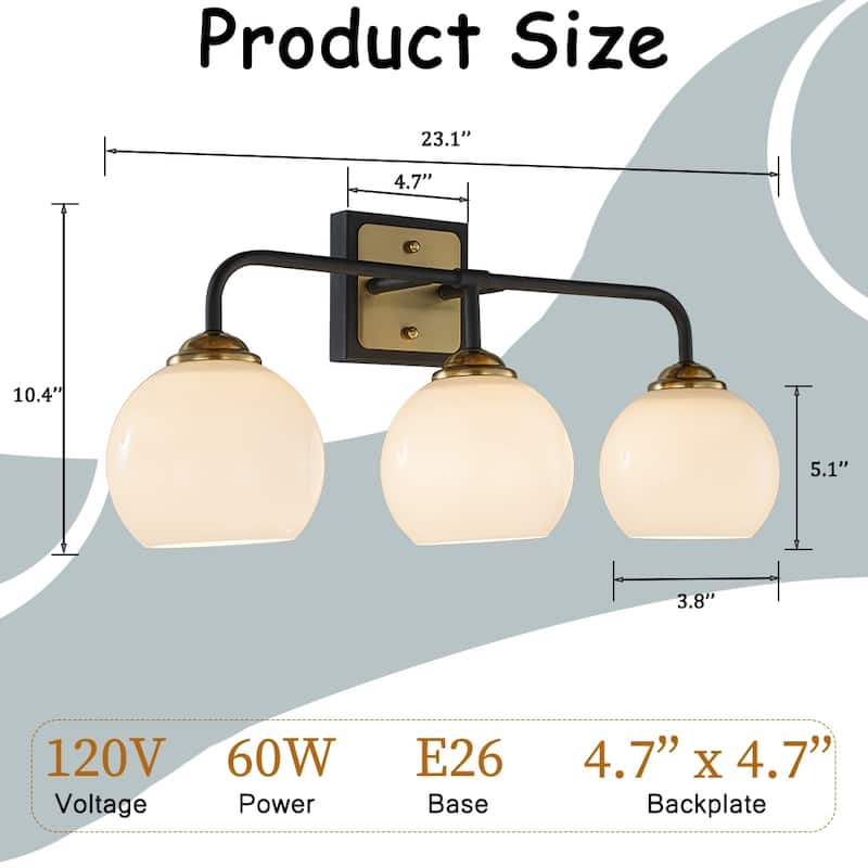 3-Light Modern Elegant Brass And Black Bathrooom Vanity Light with Round/Square Milk White Glass Shades