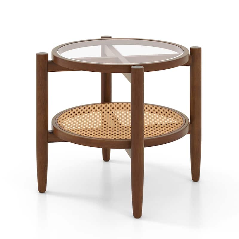 Gymax 2 PCS 2-Tier Round Side End Table PE Rattan Nightstand Tempered