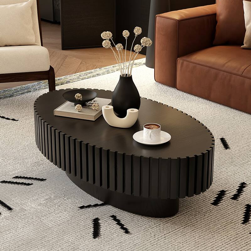 Modern Oval Coffee Table Stylish Coffee Table Olive Shaped Coffee Table with Handmade Relief and Base, for Living Room