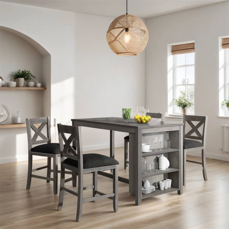5 Pieces Counter Height Dining Room Wooden Bar Table Set with 4 Chairs