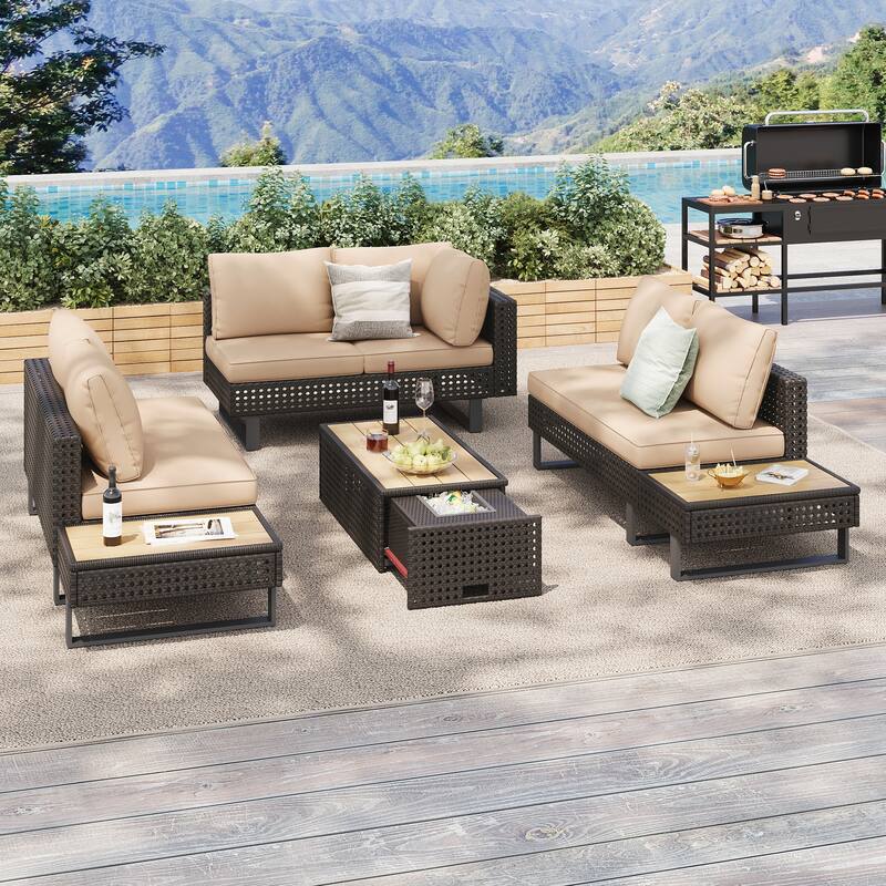 6-Pers Diamond Weave Patio Sectional Furniture Set - Khaki