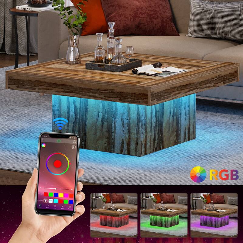 Farmhouse Coffee Table Square LED Coffee Table Engineered Wood Coffee Table