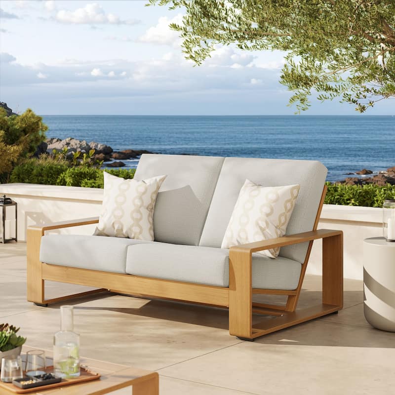 Lirienne Outdoor Patio Aluminum Faux Wood Loveseat - Ivory Natural