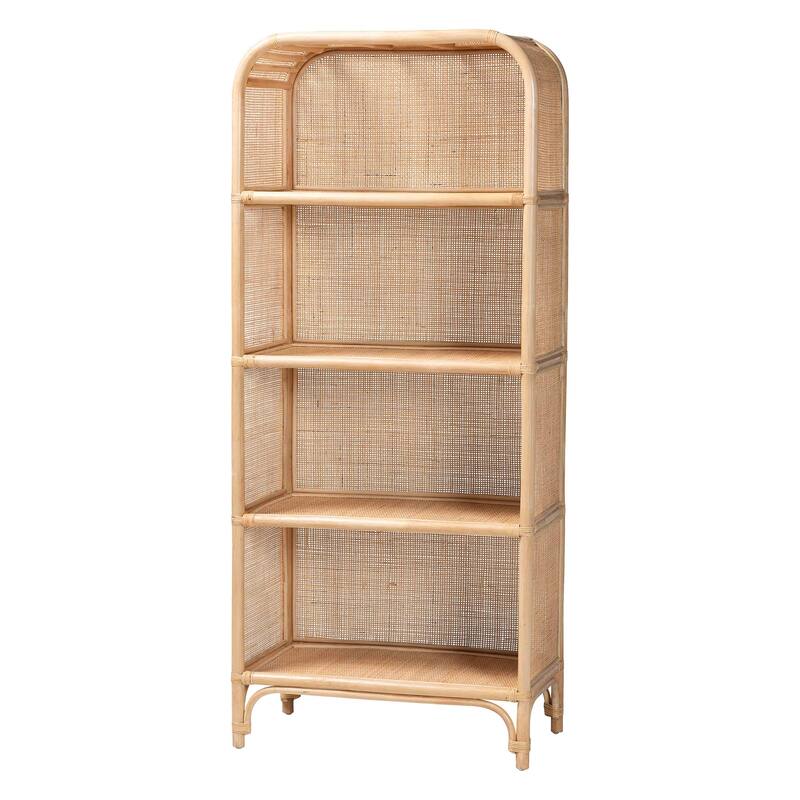 Chusi Natural Rattan Decorative Shelf - Handwoven Cane Display Unit with Arched Top, Boho Coastal Storage Rack for Living Room - Natural Brown