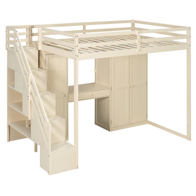 Full Size Loft Bed with Storage Staircase, Built-in Dressing Table, Mirror & Wardrobe - USB Charging & Lights