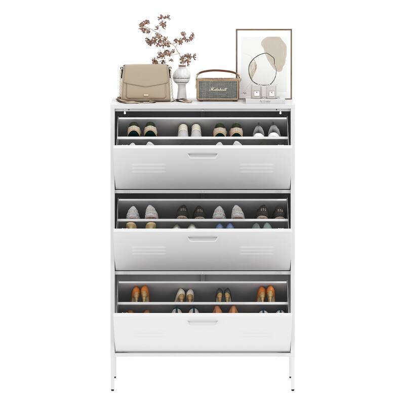 Shoe Cabinet with 3 Flip Drawers, Hidden Slim Steel Shoe Storage Cabinet, Narrow Shoe Rack Cabinet with Metal Legs
