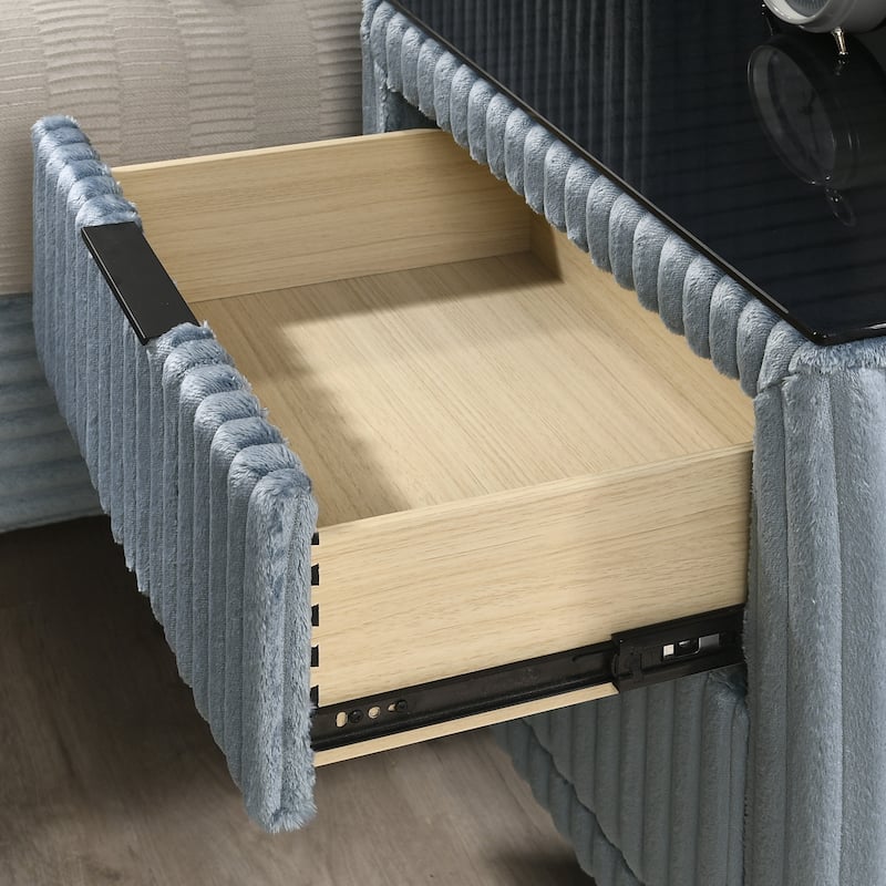 Blue Wide Wale Corduroy Upholstery Nightstand with Spacious Drawers