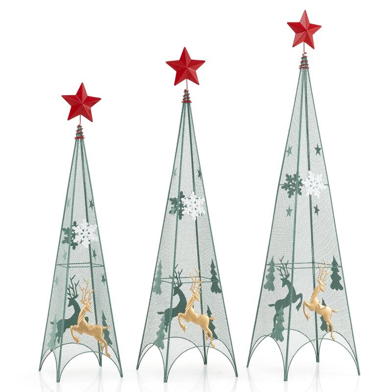 Gymax Set of 3 Tower Shaped Christmas Trees 3ft/3.5ft/4ft Artificial - Green - 4 Foot