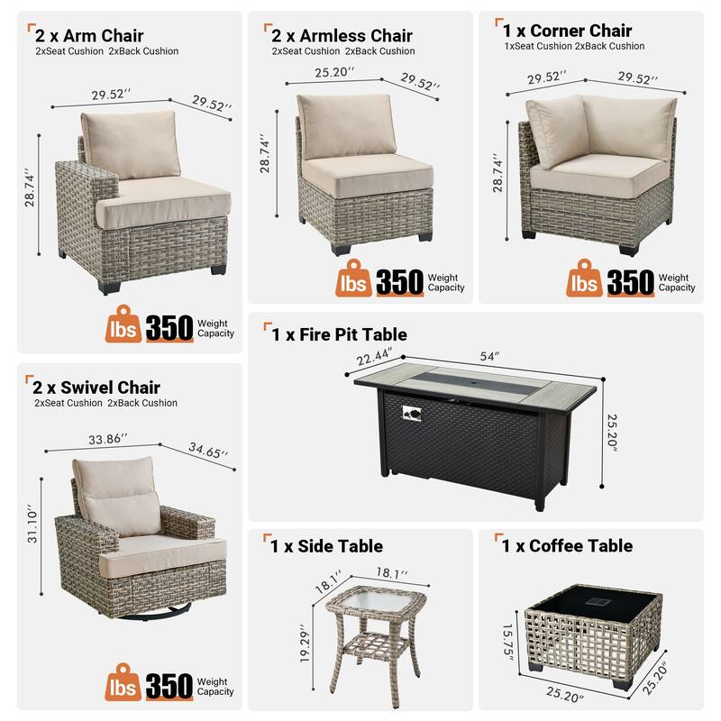 OVIOS 10 Pieces T shaped Seat Wide Armrest Swivel Chair Set With Solar-Powered Table&Fire Pit