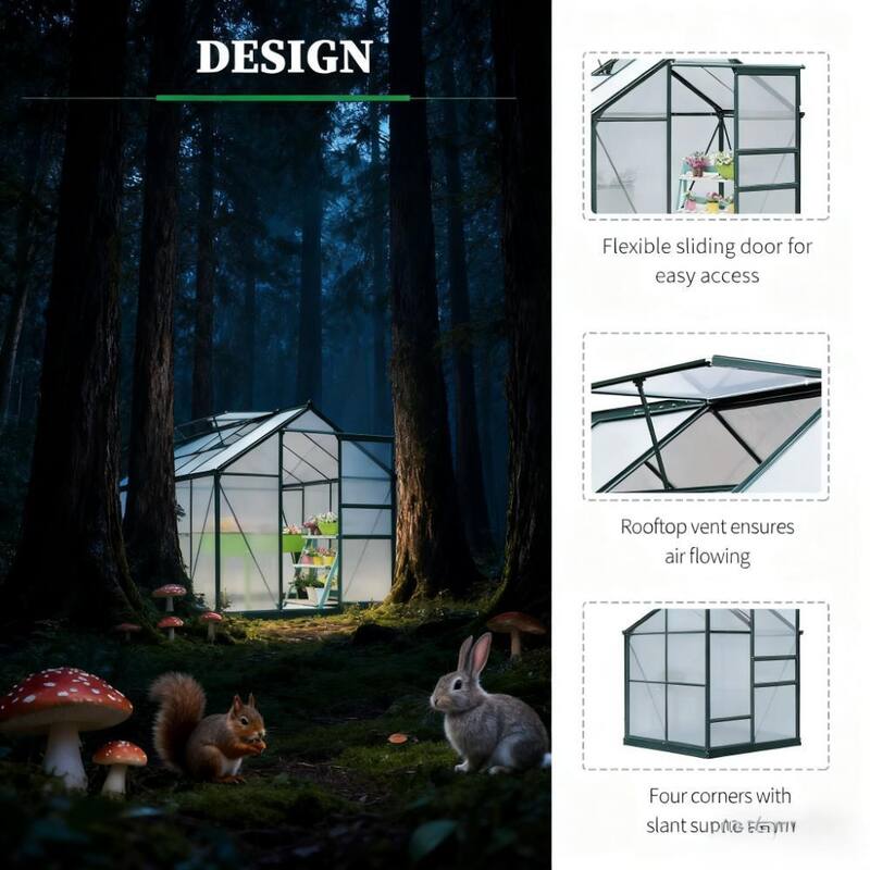 GDFStudio - Outdoor 6'x8' Aluminum Frame Outdoor Greenhouse with Polycarbonate Panels, Rain Gutter & Roof Vent - Dark Green