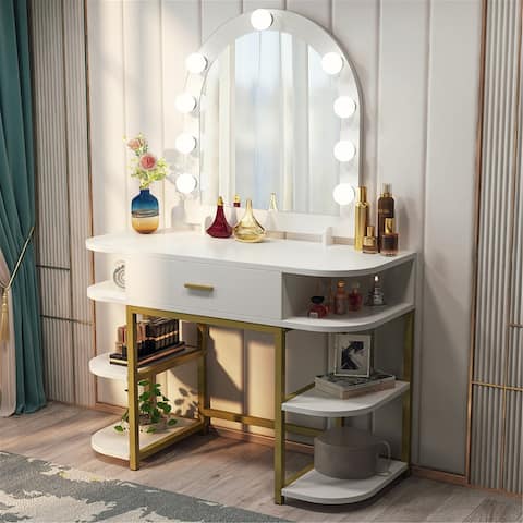 Vanity Table with Lighted Mirror and Drawer, Shelves - White/gold