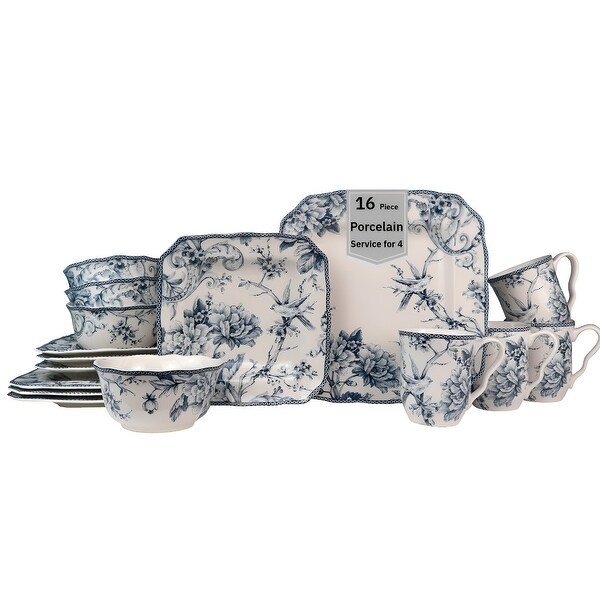 222 Fifth Adelaide 16-Piece Porcelain Dinnerware Set, Blue - Bed