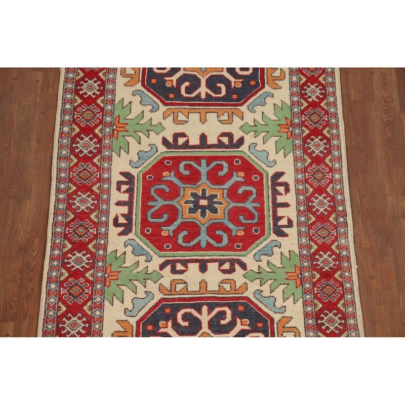 Geometric Kazak Runner Rug Hand-Knotted Wool Carpet - 3'3" x 7'2"