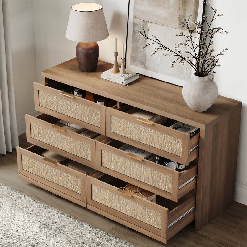 Elegant Right Angled Dresser with 6 Rattan Woven Drawers
