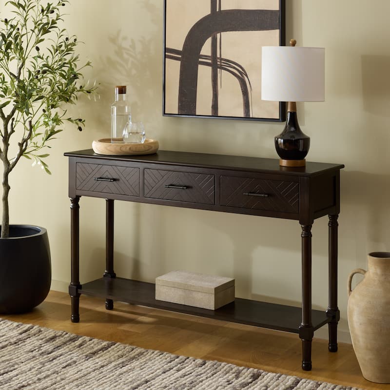 SAFAVIEH Jeanie 3-Drawer Bottom Shelf Console Table - 47.3" W x 13" L x 29.5" H - 47"W x 13"D x 30"H - Dark Chocolate