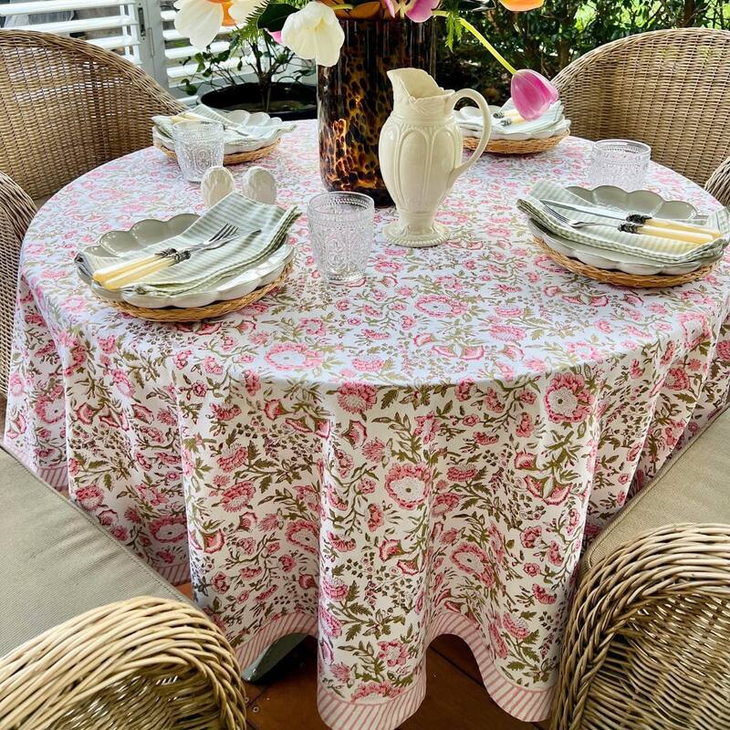 Round tablecloth- Pink and green floral Beatrice