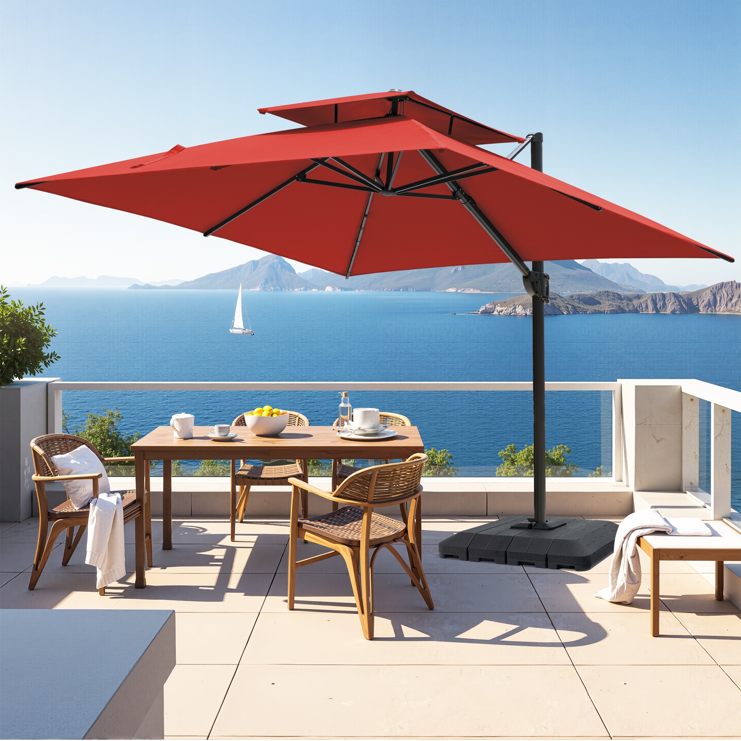 10 X 10 ft Square Patio Cantilever-Offset Umbrella 360 Degree Rotation with Premium Base Stand