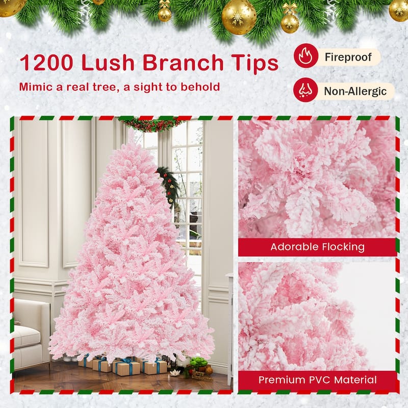 7 FT Flocked Artificial Christmas Tree w/ LED Lights 1200 Branch Tips