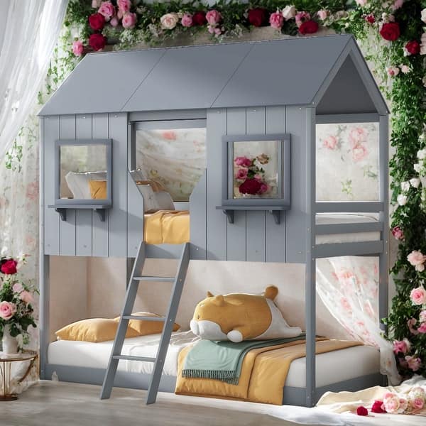 slide 2 of 13, Twin Over Twin Bunk Bed Wood Bed With Roof,Window,Guardrail And Ladder,Solid Construction for Kids Grey