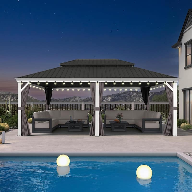 PURPLE LEAF Patio Hardtop Gazebo Pro for Outdoor Grey Galvanized Steel Double Roof White Aluminum Poles - 14' x 20' - White Pro with Light