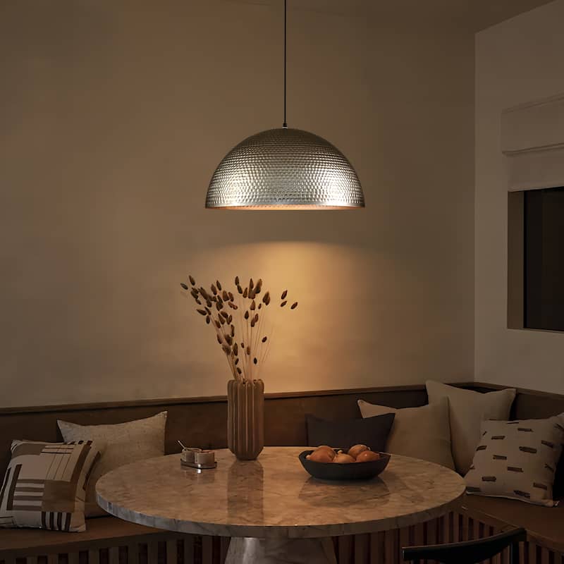 Rennnsan 1-Light Vintage Industrial Antique Silver Pot Lid Hammered Dome Pendant Light for Kitchen Islands