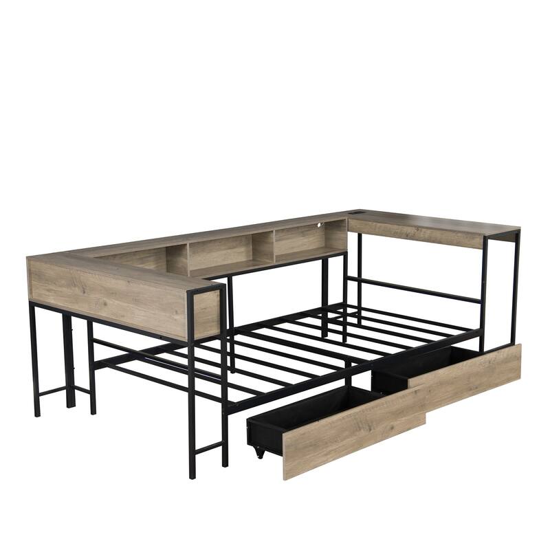 Corner Bed Frame Full Size with 2 Underbed Storage Drawers, LED Light & Charging Station
