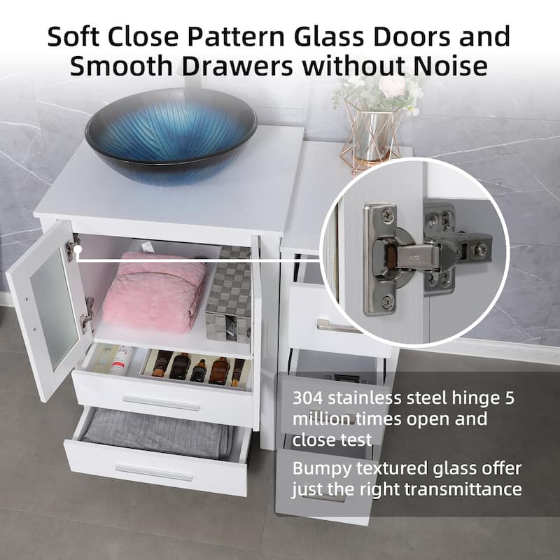 36" White Bathroom Vanity Sink Set with Side Cabinet Vessel Sink Faucet Combo