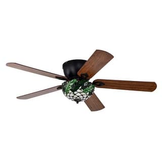 Kyemon 52-Inch Flushmount Lighted Ceiling Fan White Green Fronds Tiffany Glass Lamp Black Finish