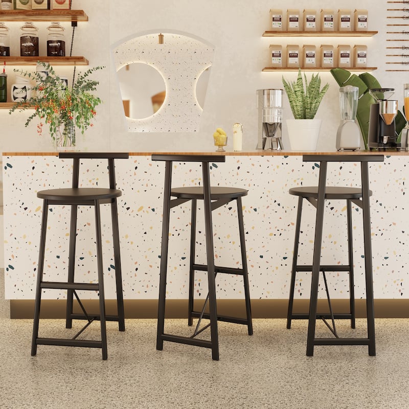 27''H Barstool Set of 3 Wooden Round Bar Stools with Footrest, Easy Assembly, for Dining Room, Kitchen