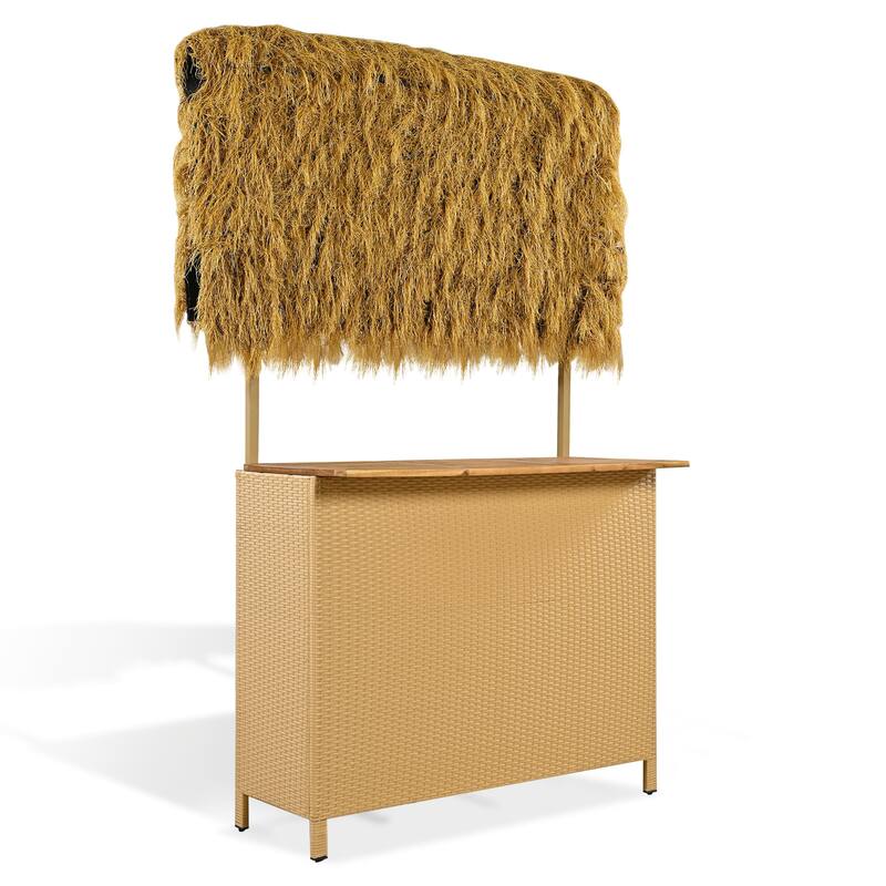 Roomfitters Bar Height Patio Set with PE Grass Canopy, Outdoor Bar Table and Stools, Hawaiian-style Acacia Wood Top, Natural