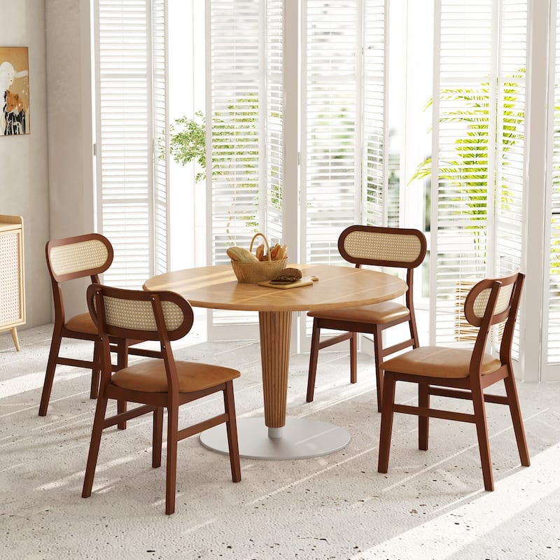 Set of 2 Modern Dining Chairs with Rattan Back and Waterproof PU Cushion Rubber Wood Legs - 19.5" x 19" x 31" (L x W x H)
