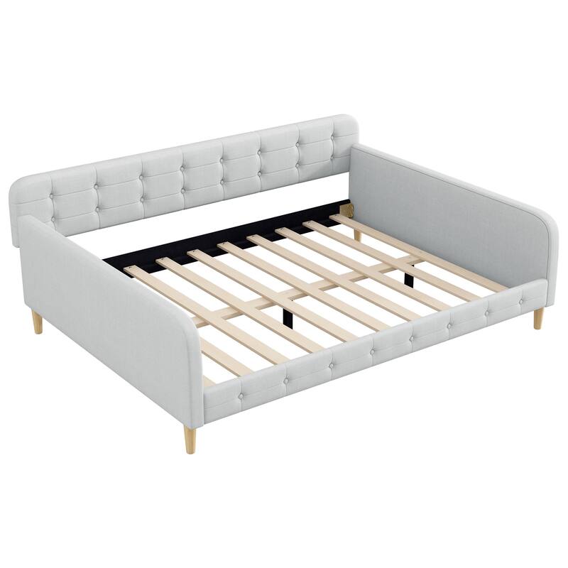 Roomfitters Queen Size Upholstered Daybed, Mid-Century Modern Sofa Bed Frame with Backrest and Tapered Wood Legs