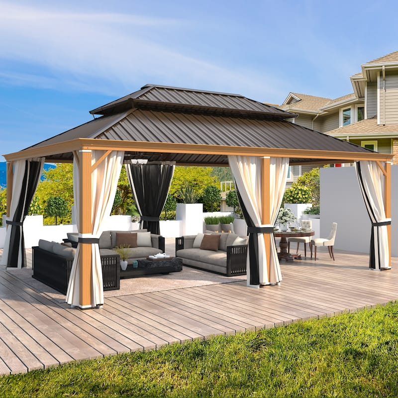EROMMY Hardtop Gazebo W/Steel Double Roof, Anti-Rust Coating Aluminum Frame Permanent, Hard Top Gazebo for Garden Lawn Parties